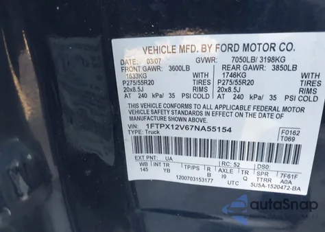 2007 Ford F-150 Lariat/Stx/Xl/Xlt from USA, damaged, VIN 1FTPX12V67NA55154